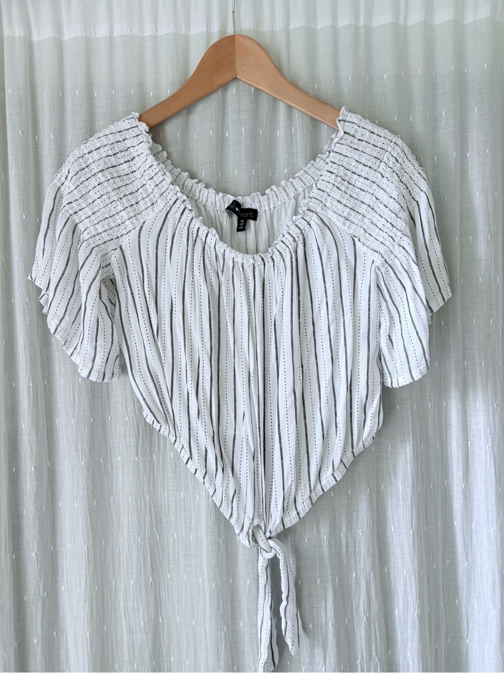 Derek Heart White & Black Striped Tie-Front Smocked Blouse